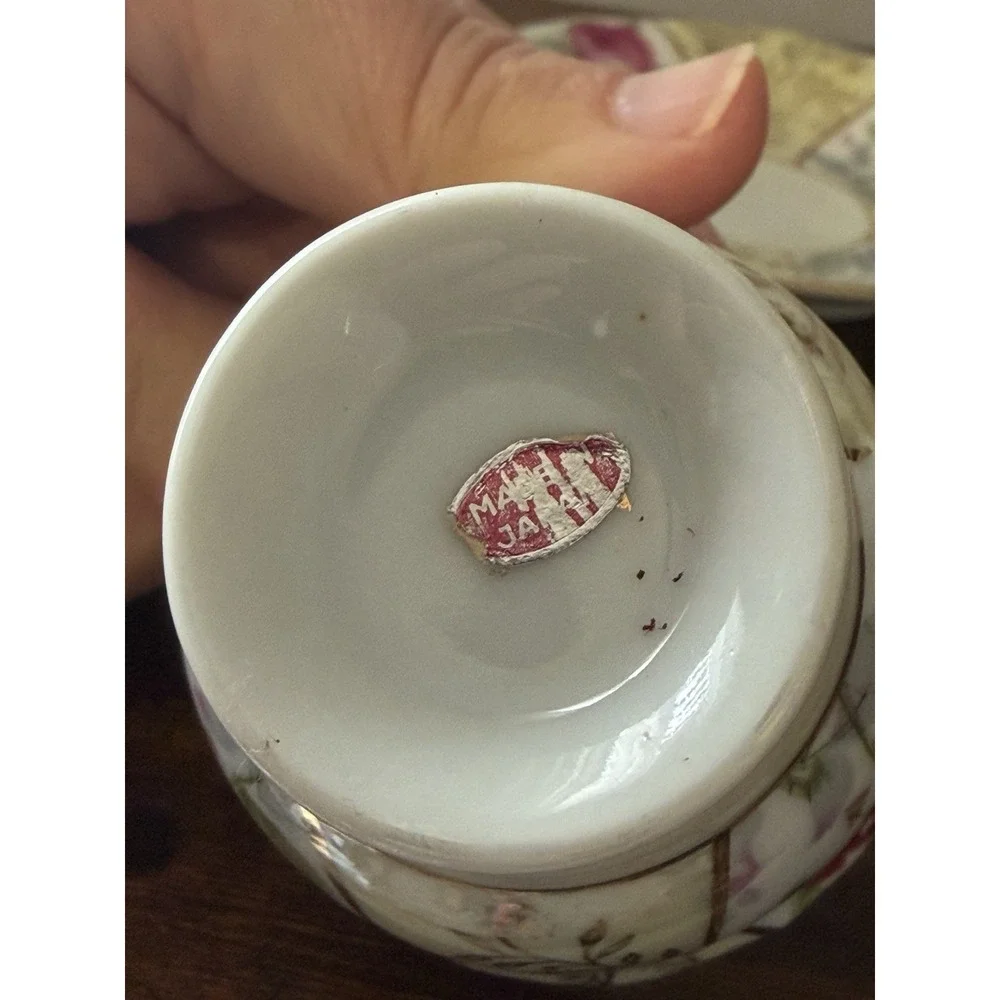 Vintage 1950s Japan Demitasse Cup Saucer Pink Roses Gold Lusterware Porcelain